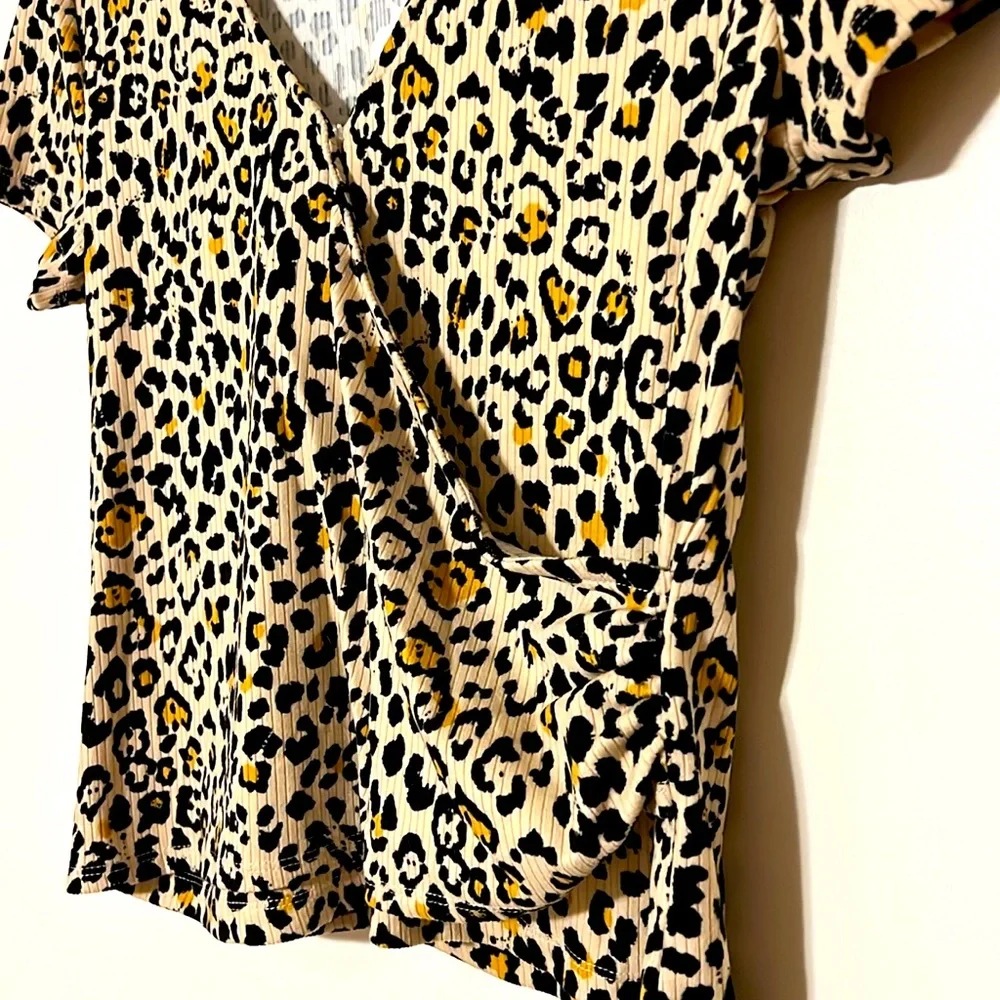 Leopard Print V Neck Wrap Top. Size XL, runs S to M. Spandex. NWOT.